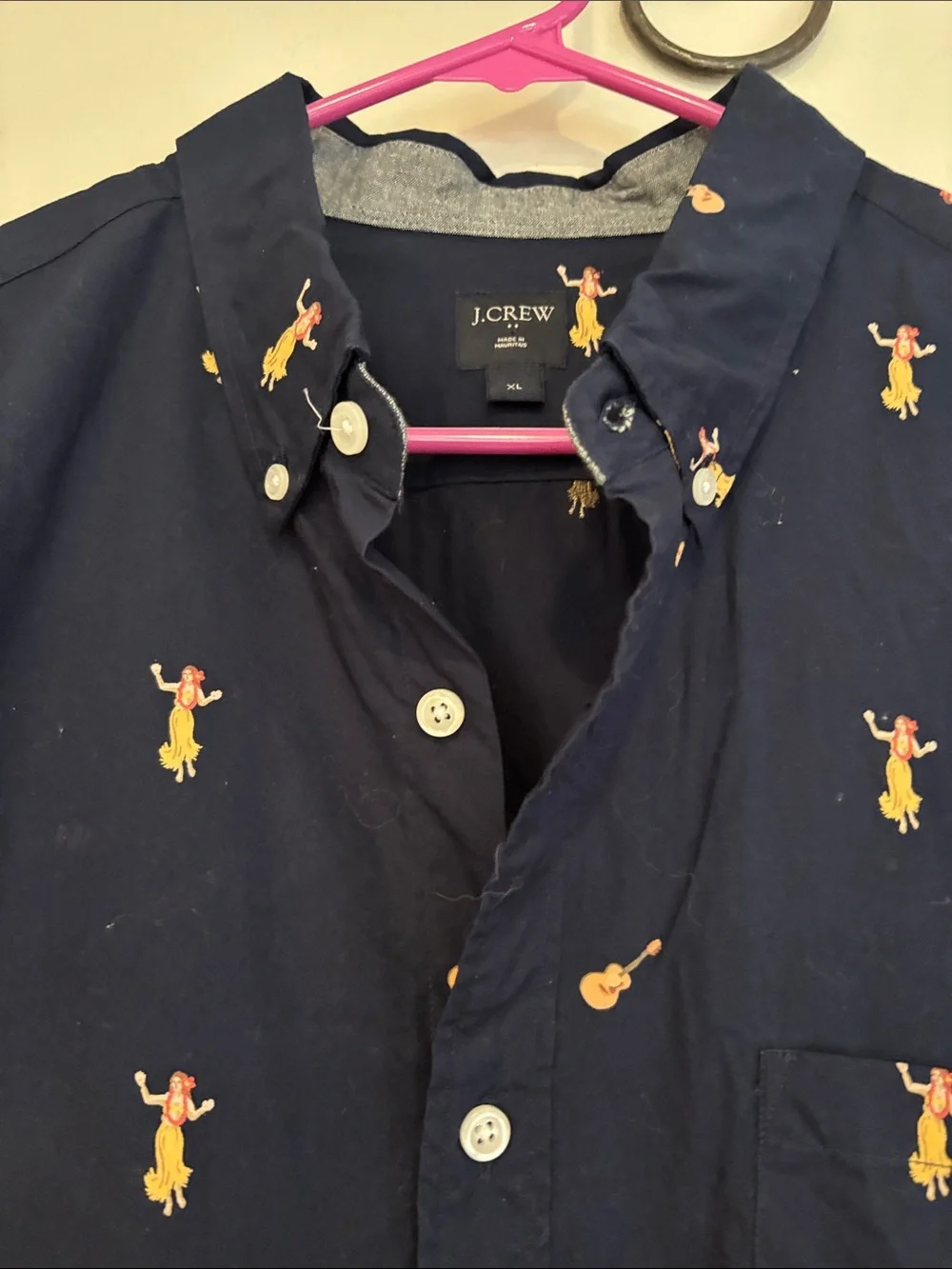 J. Crew Navy Short-Sleeve Button-Down Shirt with Yellow Motif